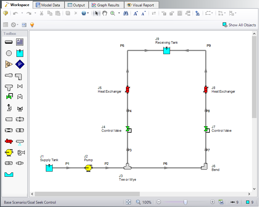 The Workspace for the GSC Pump Selection with Flow Control Valves example.